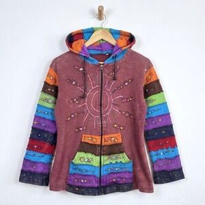 KPC Boho Patchwork Zip Hoodie Large Maroon Sun Embroidery Made in Nepal Cotton